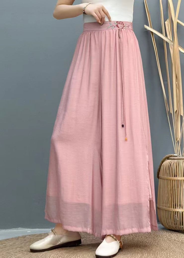 Women Black Tasseled Embroidered Linen Wide Leg Pants Summer