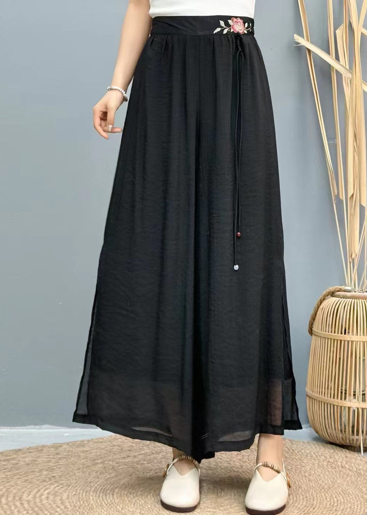 Women Black Tasseled Embroidered Linen Wide Leg Pants Summer
