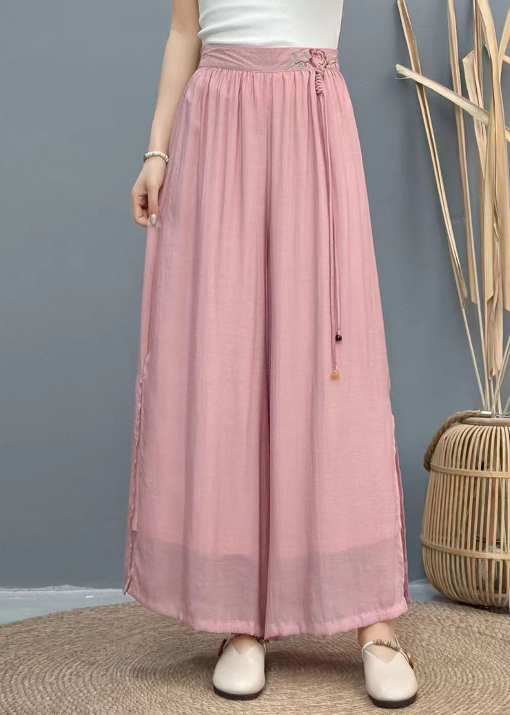 Women Black Tasseled Embroidered Linen Wide Leg Pants Summer