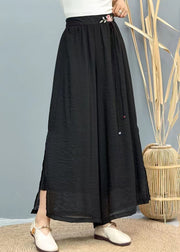 Women Black Tasseled Embroidered Linen Wide Leg Pants Summer