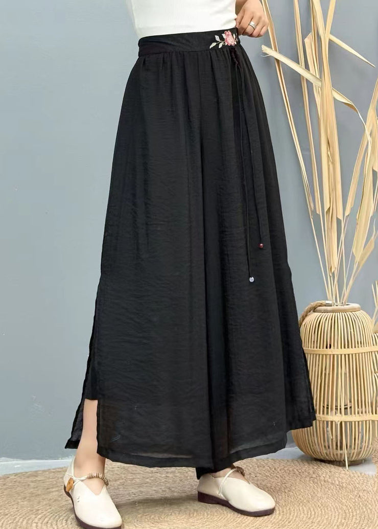 Women Black Tasseled Embroidered Linen Wide Leg Pants Summer