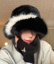 Women Black Thick Warm Faux Fur Bucket Hat