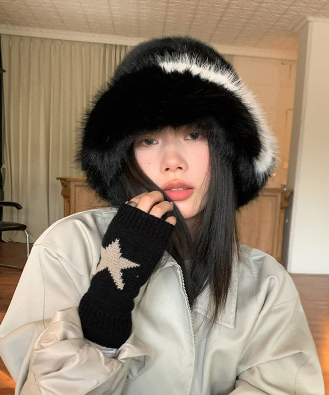 Women Black Thick Warm Faux Fur Bucket Hat