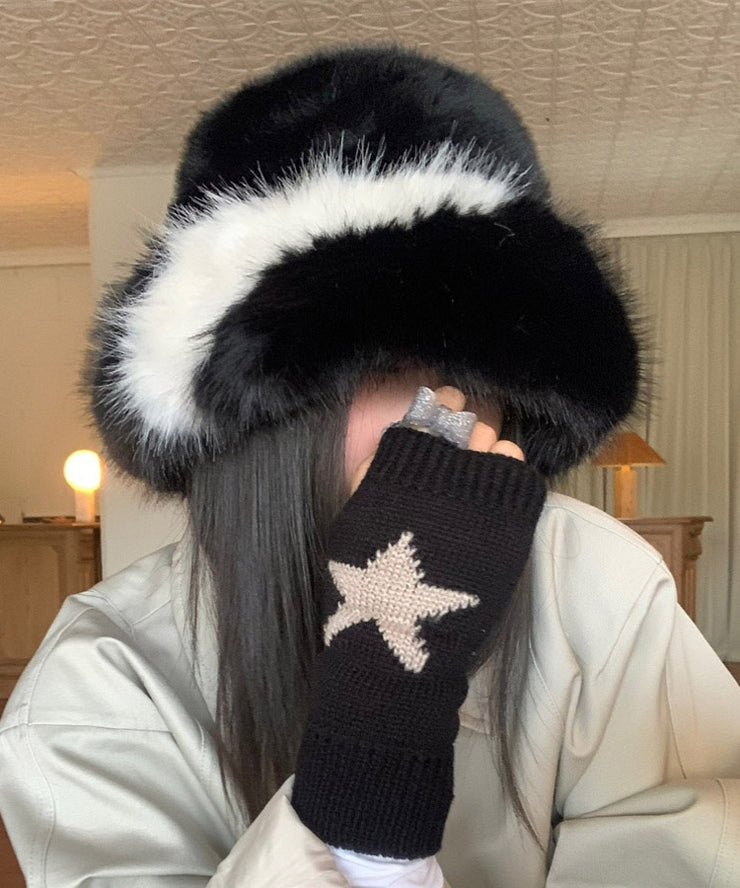 Women Black Thick Warm Faux Fur Bucket Hat