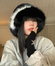Women Black Thick Warm Faux Fur Bucket Hat