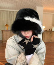 Women Black Thick Warm Faux Fur Bucket Hat