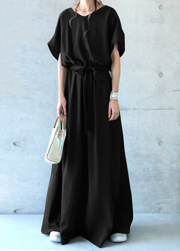 Women Black Tie Waist Exra Large Hem Cotton Dresses Summer
