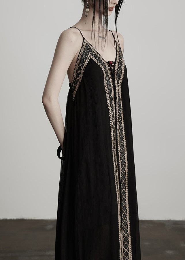 Women Black Tunic Patchwork Lace Cami Dress Summer