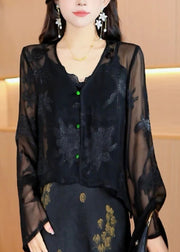Women Black V Neck Jacquard Chiffon Top Fall