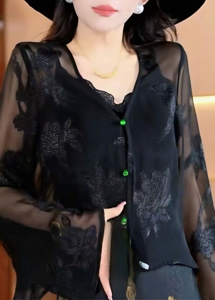 Women Black V Neck Jacquard Chiffon Top Fall