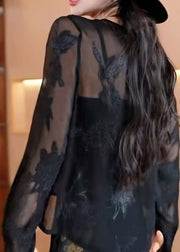 Women Black V Neck Jacquard Chiffon Top Fall