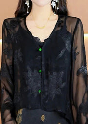 Women Black V Neck Jacquard Chiffon Top Fall