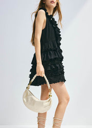 Women Black V Neck Ruffled Patchwork Cotton Dress Sleeveless