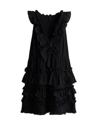 Women Black V Neck Ruffled Patchwork Cotton Dress Sleeveless