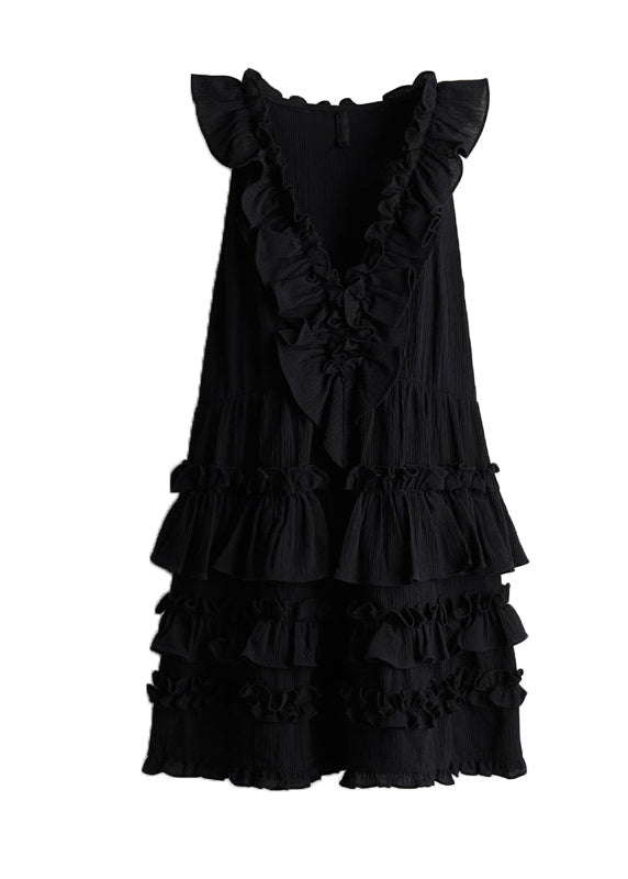 Women Black V Neck Ruffled Patchwork Cotton Dress Sleeveless