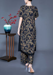 Women Black V Neck Side Open Print Silk Two Pieces Set Summer