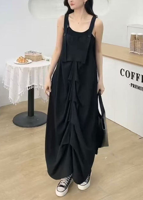 Women Black Wrinkled Cotton Cami Dresses Summer