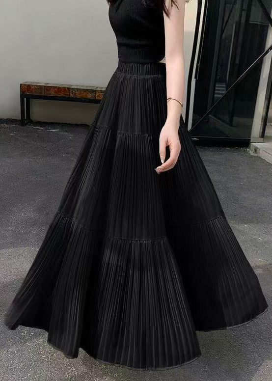 Women Black Wrinkled Elastic Waist Chiffon Skirt Summer