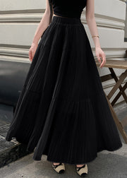Women Black Wrinkled Elastic Waist Chiffon Skirt Summer
