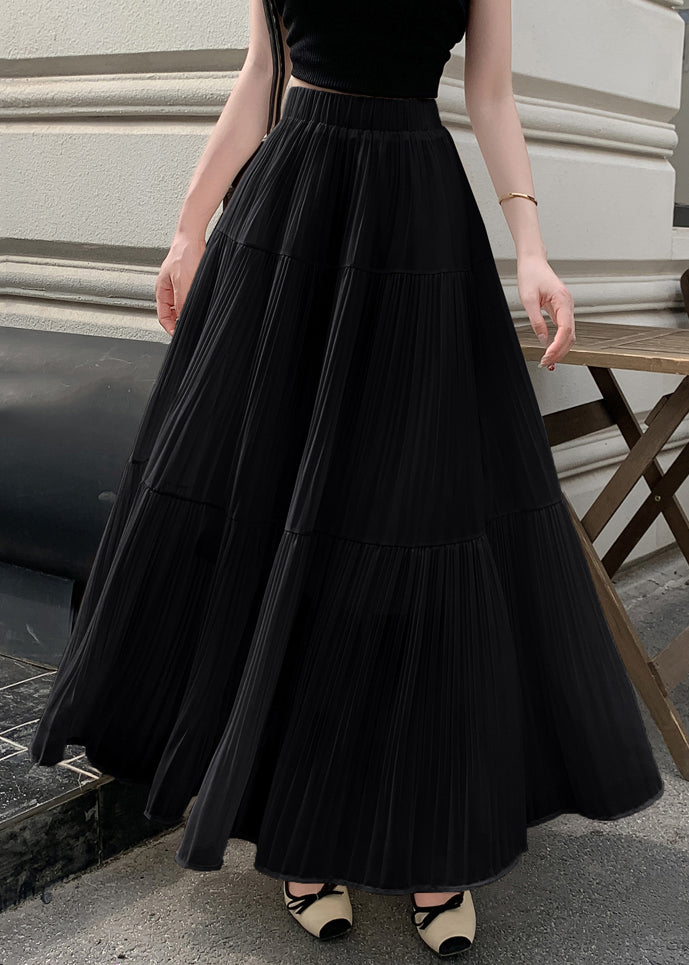 Women Black Wrinkled Elastic Waist Chiffon Skirt Summer