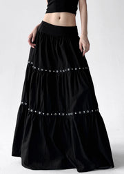 Women Black Wrinkled Patchwork Elastic Waist Cotton A Line Skirts Summer