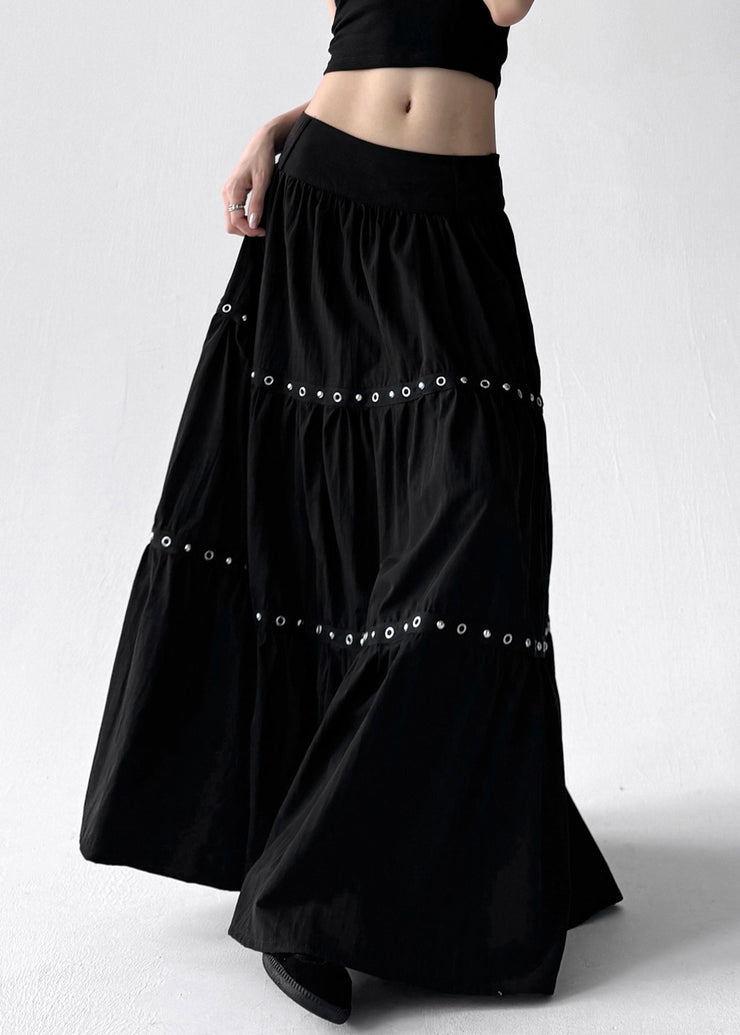 Women Black Wrinkled Patchwork Elastic Waist Cotton A Line Skirts Summer