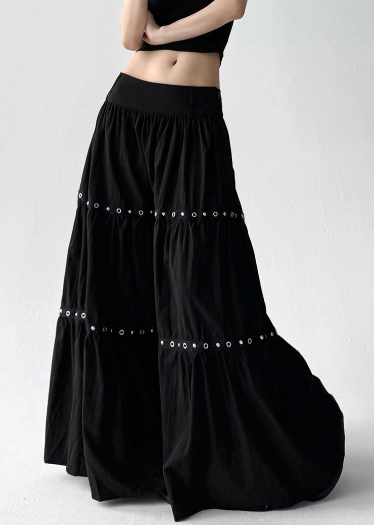 Women Black Wrinkled Patchwork Elastic Waist Cotton A Line Skirts Summer