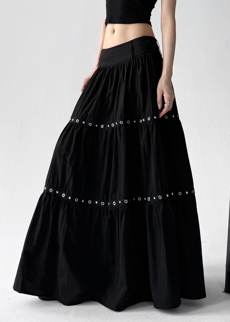Women Black Wrinkled Patchwork Elastic Waist Cotton A Line Skirts Summer