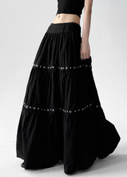Women Black Wrinkled Patchwork Elastic Waist Cotton A Line Skirts Summer