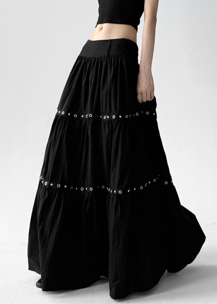 Women Black Wrinkled Patchwork Elastic Waist Cotton A Line Skirts Summer
