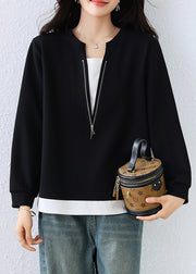 Women Black Zip Up Patchwork Cotton Fake Two Piece Sweatshirts Top Fall