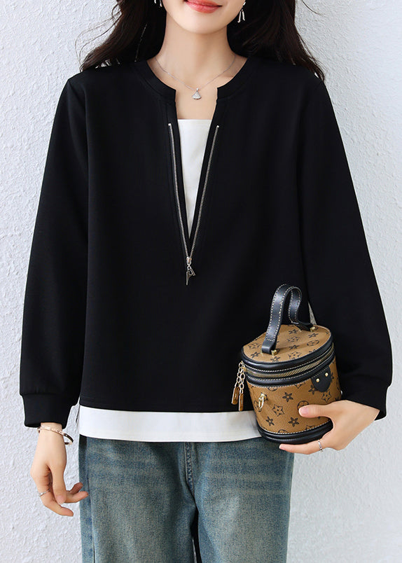 Women Black Zip Up Patchwork Cotton Fake Two Piece Sweatshirts Top Fall