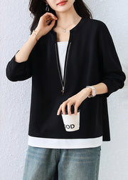 Women Black Zip Up Patchwork Cotton Fake Two Piece Sweatshirts Top Fall
