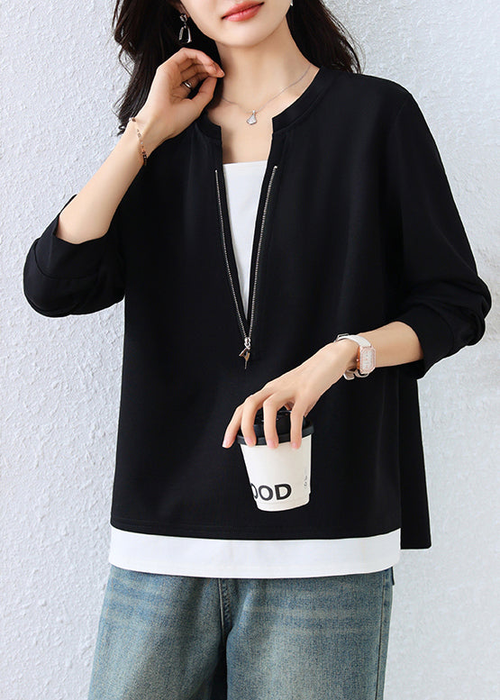 Women Black Zip Up Patchwork Cotton Fake Two Piece Sweatshirts Top Fall
