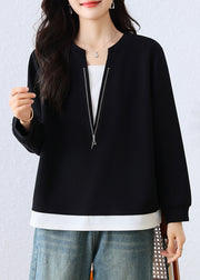 Women Black Zip Up Patchwork Cotton Fake Two Piece Sweatshirts Top Fall
