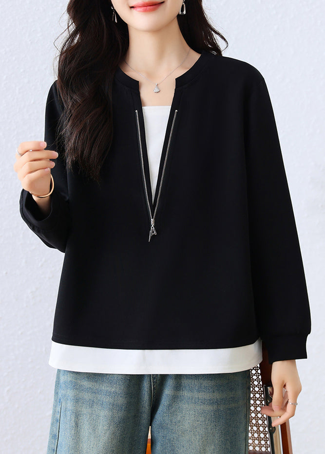 Women Black Zip Up Patchwork Cotton Fake Two Piece Sweatshirts Top Fall