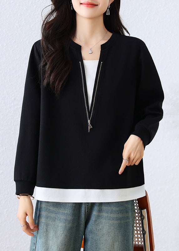 Women Black Zip Up Patchwork Cotton Fake Two Piece Sweatshirts Top Fall