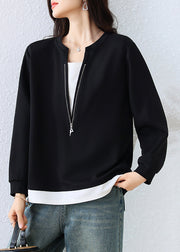 Women Black Zip Up Patchwork Cotton Fake Two Piece Sweatshirts Top Fall