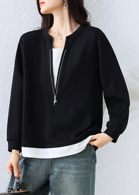 Women Black Zip Up Patchwork Cotton Fake Two Piece Sweatshirts Top Fall