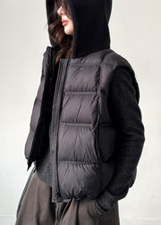 Women Black Zippered Pockets Knit Patchwork Duck Down Waistcoat Sleeveless