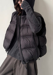 Women Black Zippered Pockets Knit Patchwork Duck Down Waistcoat Sleeveless