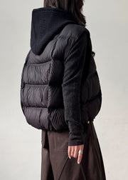 Women Black Zippered Pockets Knit Patchwork Duck Down Waistcoat Sleeveless
