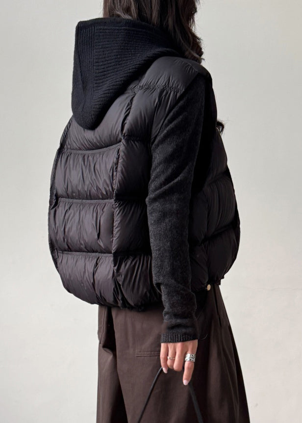 Women Black Zippered Pockets Knit Patchwork Duck Down Waistcoat Sleeveless