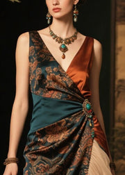 Women Blackish Green Ruffles Patchwork Print Silk Cami Dress Summer
