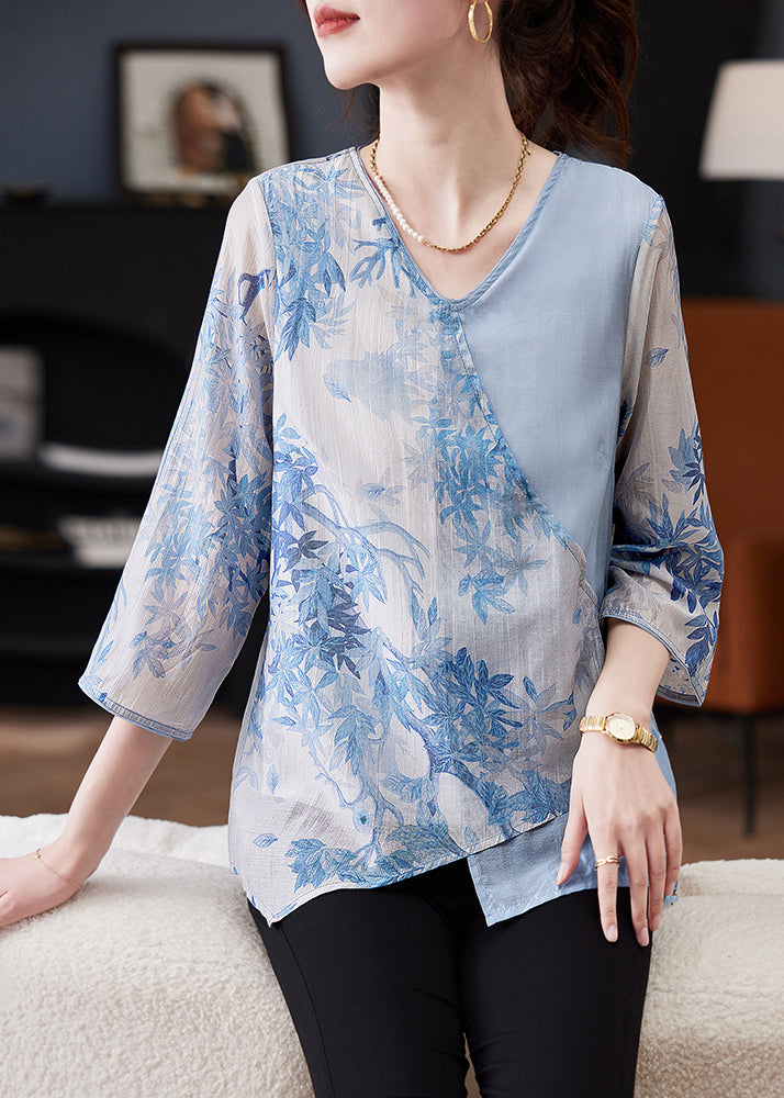 Women Blue Asymmetrical Print Tie Waist Chiffon Top Bracelet Sleeve
