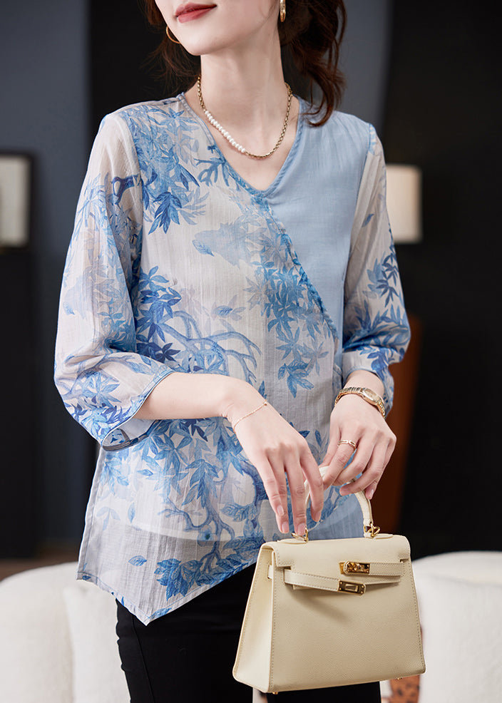 Women Blue Asymmetrical Print Tie Waist Chiffon Top Bracelet Sleeve