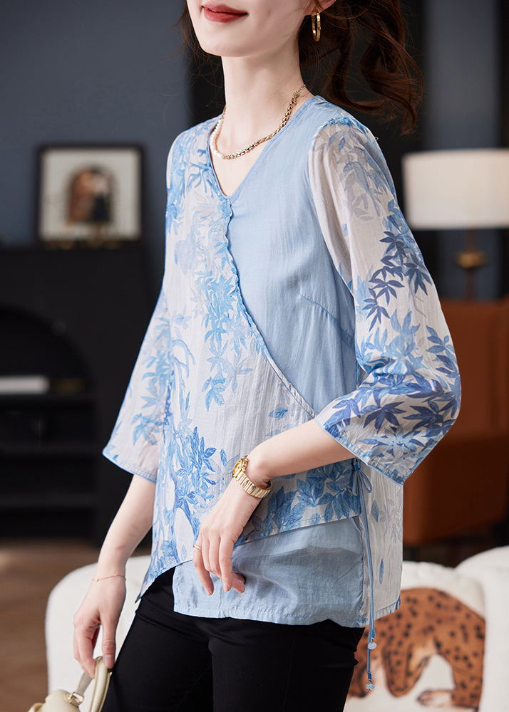 Women Blue Asymmetrical Print Tie Waist Chiffon Top Bracelet Sleeve