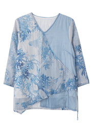 Women Blue Asymmetrical Print Tie Waist Chiffon Top Bracelet Sleeve
