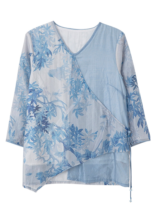 Women Blue Asymmetrical Print Tie Waist Chiffon Top Bracelet Sleeve