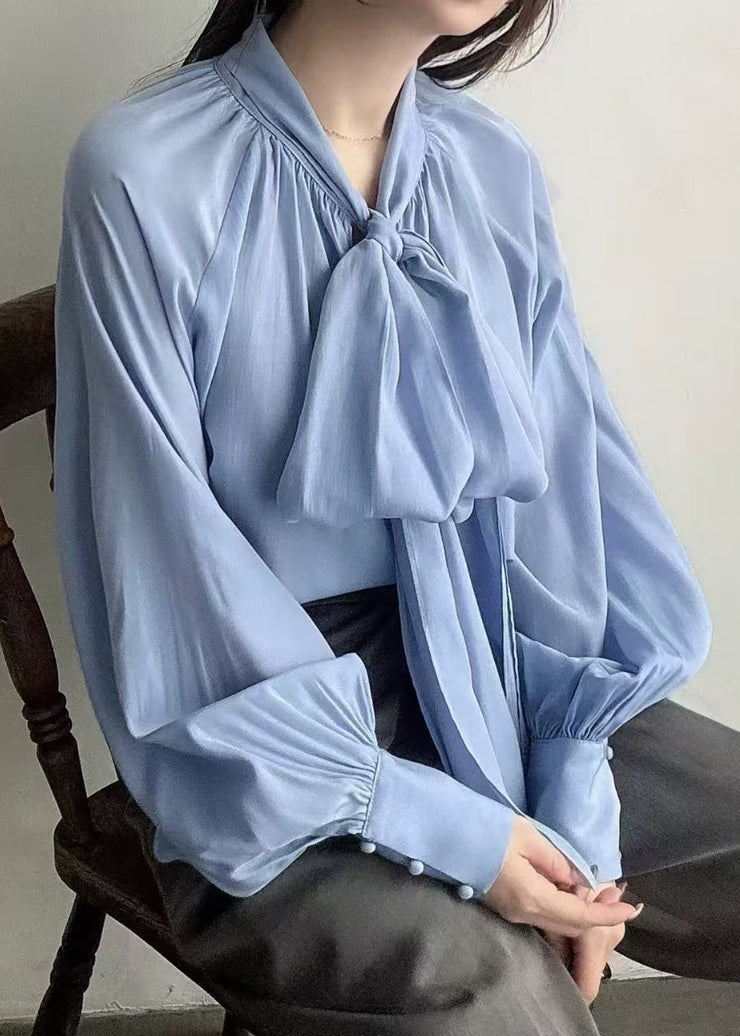 Women Blue Bow Oversized Silk Tops Lantern Sleeve